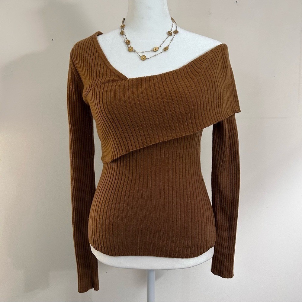 Lovers‎ and Friends Ribbed Asymmetric Off Shoulder Sweater Brown S Excellent